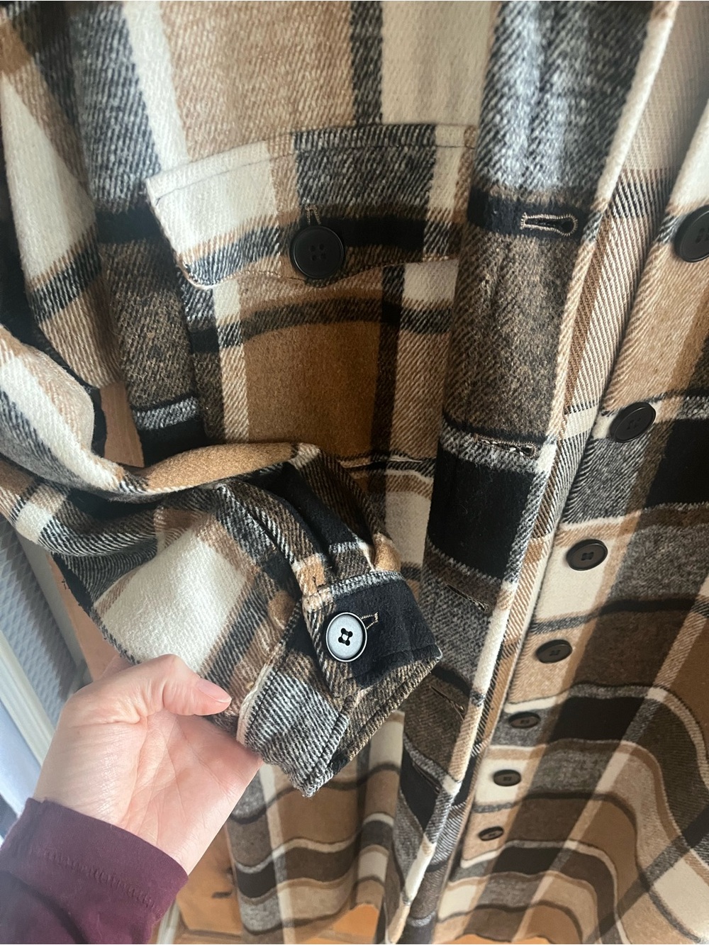 Long Plaid Shacket in Brown, Black & Cream - Picture 3 of 4